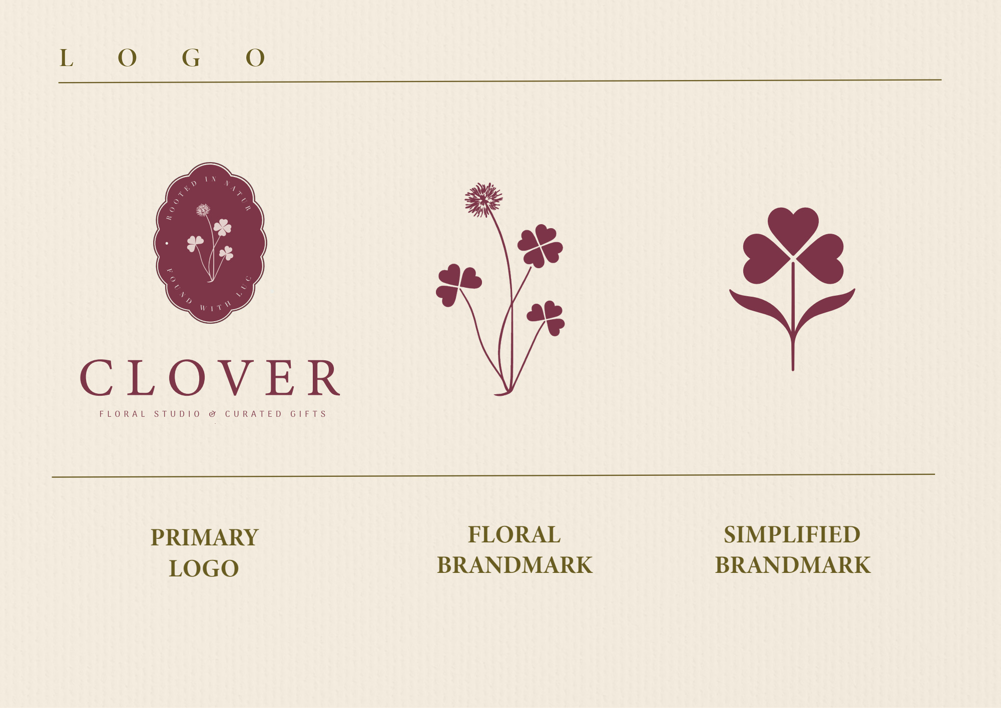 Clover logo family showing the primary logo, floral illustration and simplified clover mark.