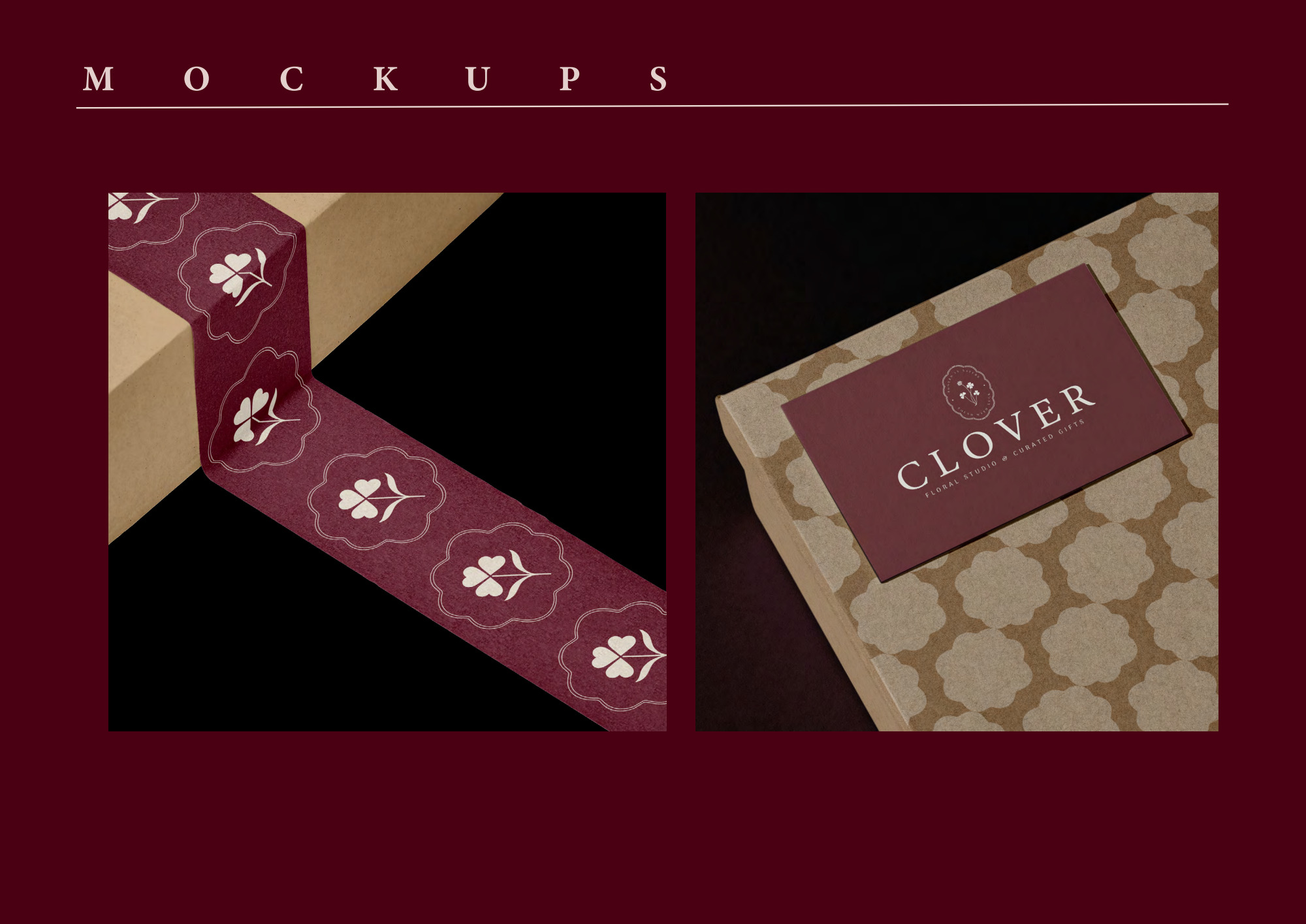 Clover ribbon and label mockups in burgundy with botanical patterns.