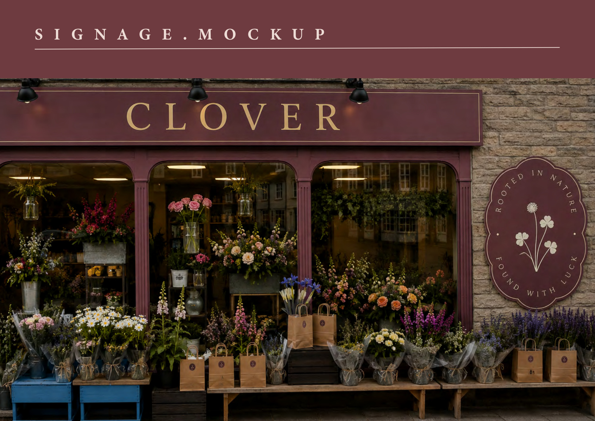Shopfront signage mockup with Clover lettering and a floral hanging sign.