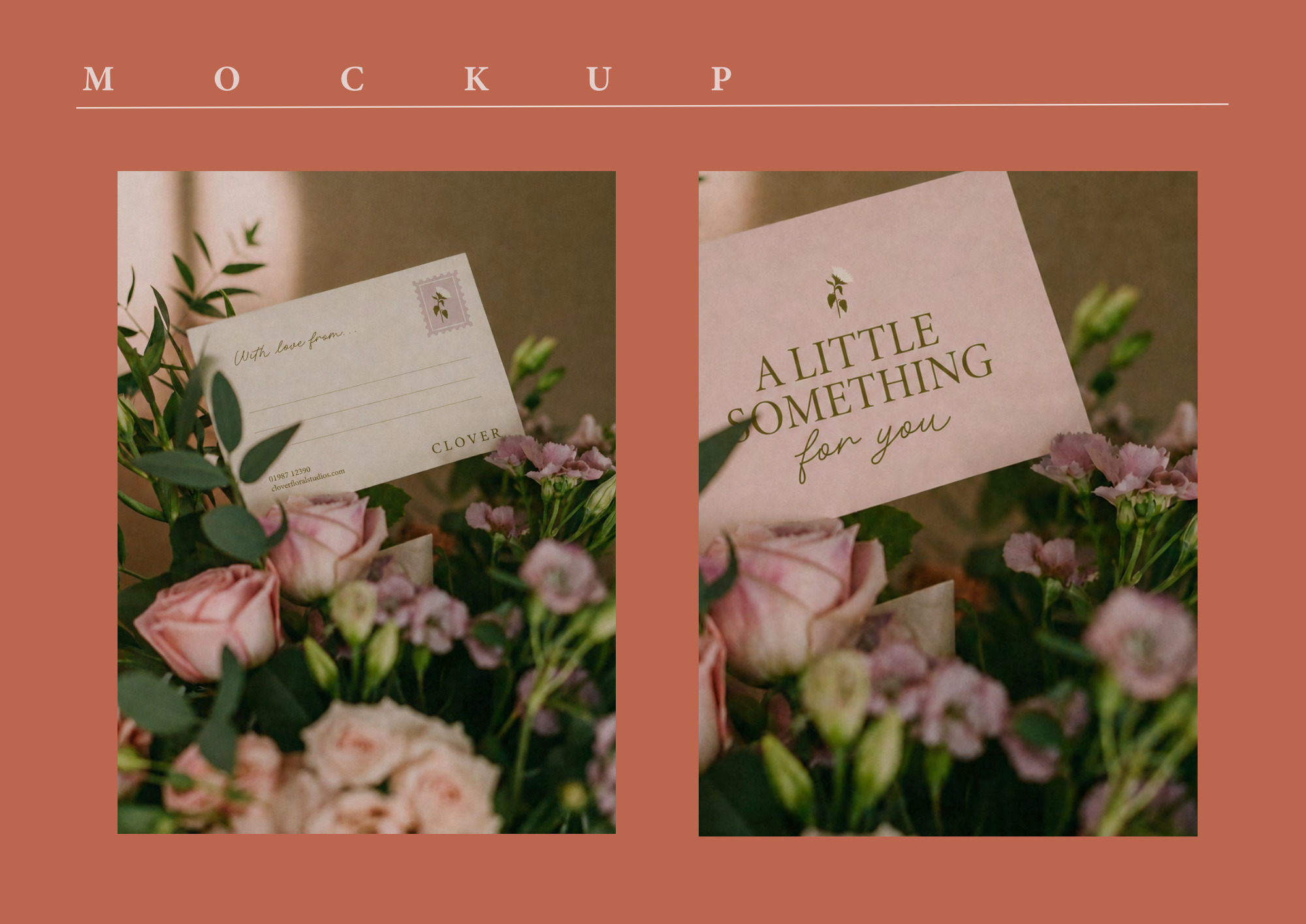 Clover bouquet-card mockups in cream and pink among flowers.