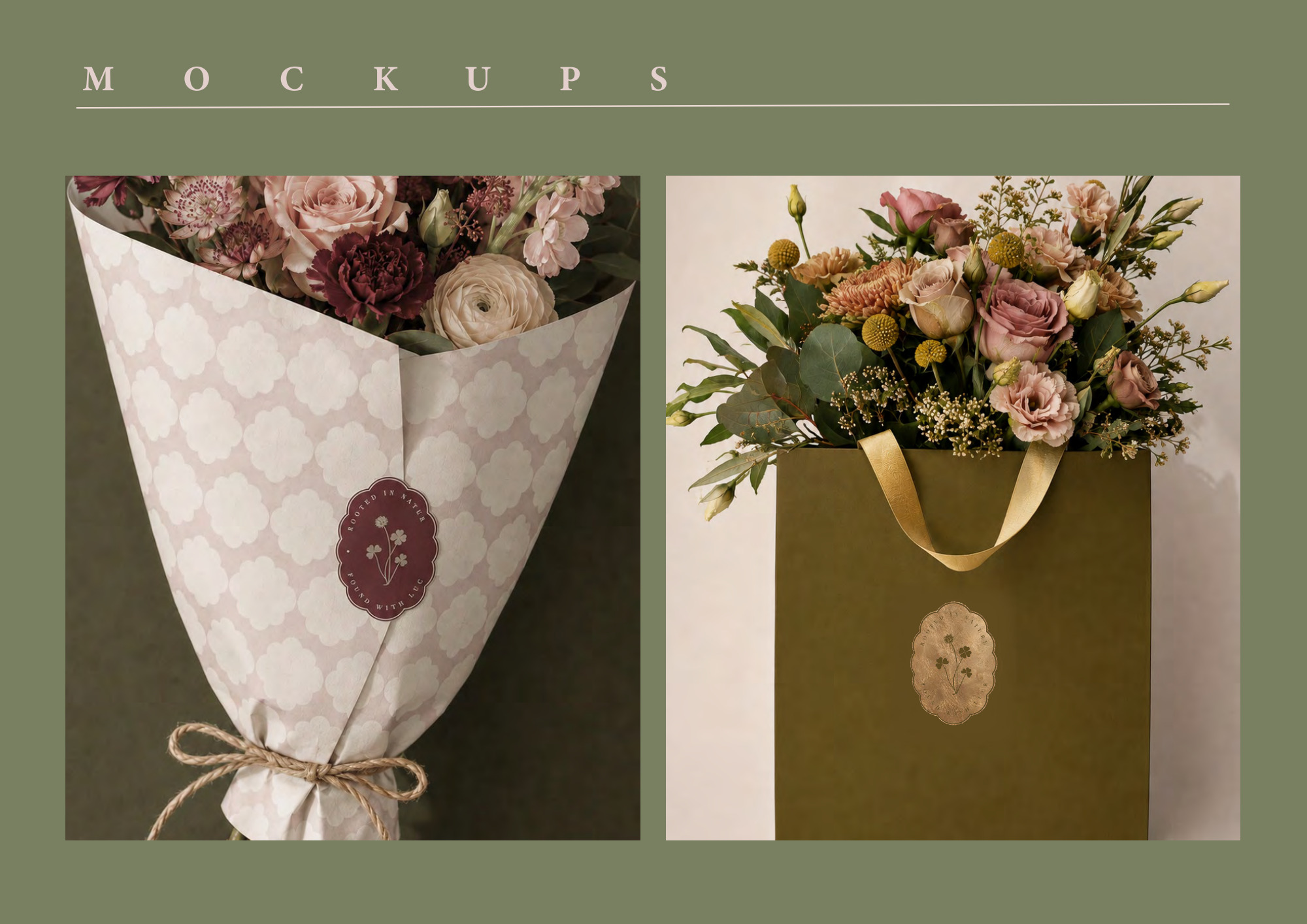 Bouquet packaging mockups with patterned paper and Clover brand labels.