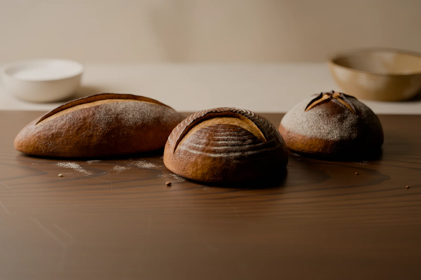 Three sourdough loaves dusted with flour on a dark wooden board, with two bowls blurred behind them.