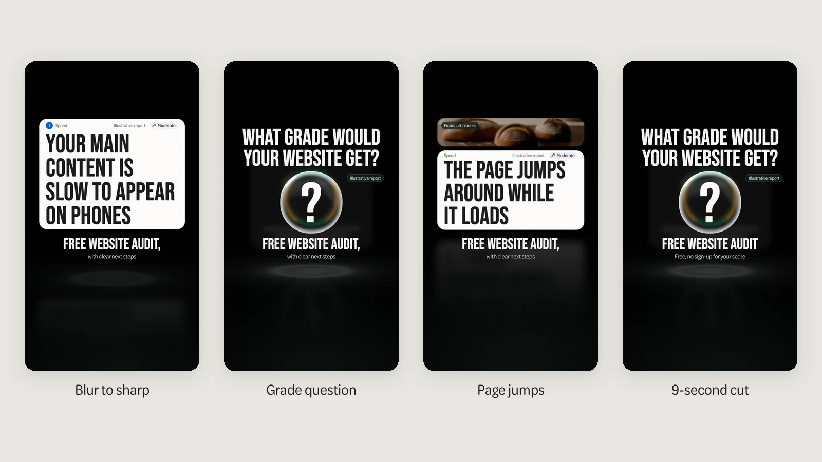 Early frames of the four version 2 ads: two cards naming website faults and two glass question marks, each above free website audit.