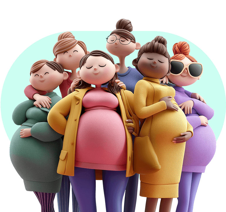 Illustration of six diverse pregnant women standing close together with eyes closed and peaceful expressions.