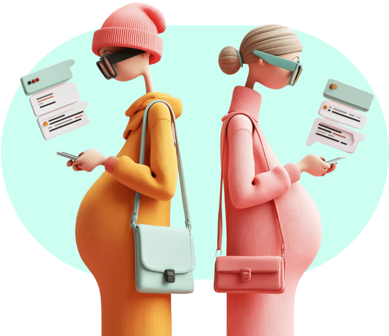 Illustration of six diverse pregnant women standing close together with eyes closed and peaceful expressions.