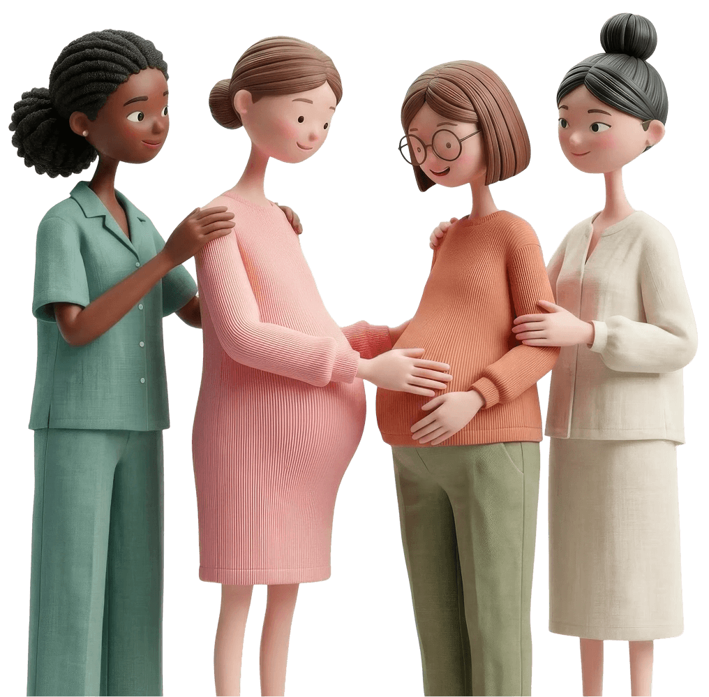 Illustration of six diverse pregnant women standing close together with eyes closed and peaceful expressions.