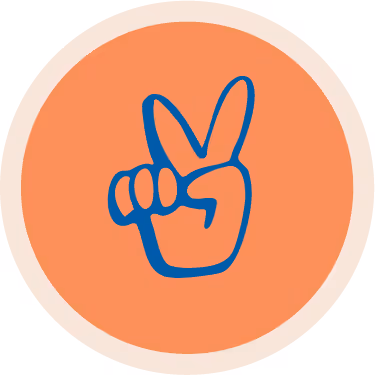 Blue hand making a victory peace sign on an orange circular background with beige border.