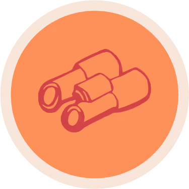 Illustration of a pair of binoculars inside an orange circle with a beige border.