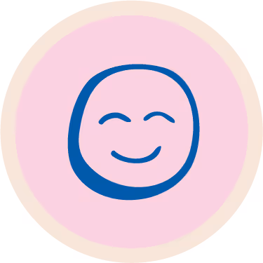 Simple blue smiling face icon on a pink circular background with a beige outer ring.