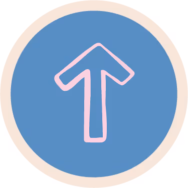 Pink upward arrow inside a blue circle with a beige border.
