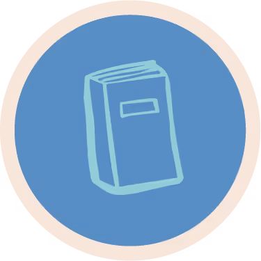 Blue circular icon with a light blue outline of a closed book in the center and a beige border.