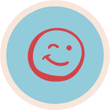 Red winking smiley face inside a turquoise circle with a beige border.