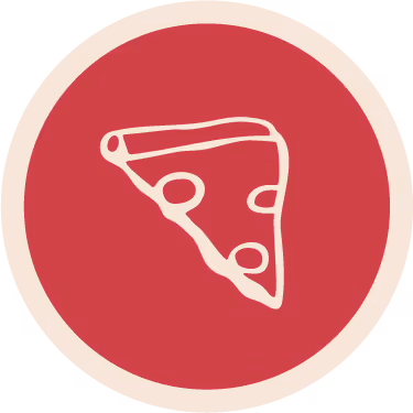 White line drawing of a pizza slice on a red circular background with a beige border.