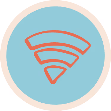 Red Wi-Fi signal icon inside a blue circle with a light beige border.
