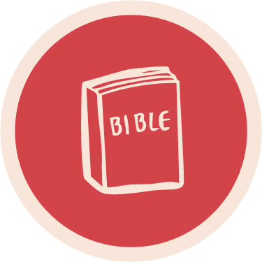 Icon of a stylized Bible book with the word 'BIBLE' on the cover inside a red circle with a beige border.