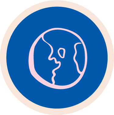 Pink line drawing of Earth with simplified continents inside a blue circle with a beige border.