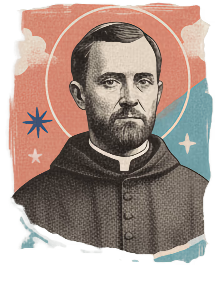Illustration of a solemn priest with a beard wearing a buttoned black robe, set against a red and blue background with stars and a halo circle.