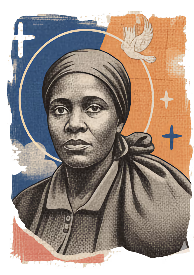 Illustration of Harriet Tubman wearing a headscarf with a sack over her shoulder, set against a textured background with blue and orange sections, a white dove, and star symbols.