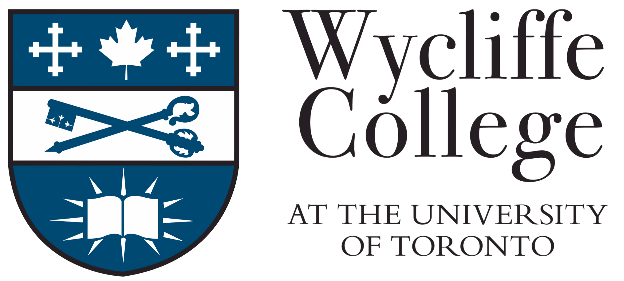 Wycliffe College shield with a white maple leaf, two crosses, crossed keys, and an open book, next to the text 'Wycliffe College at the University of Toronto'.