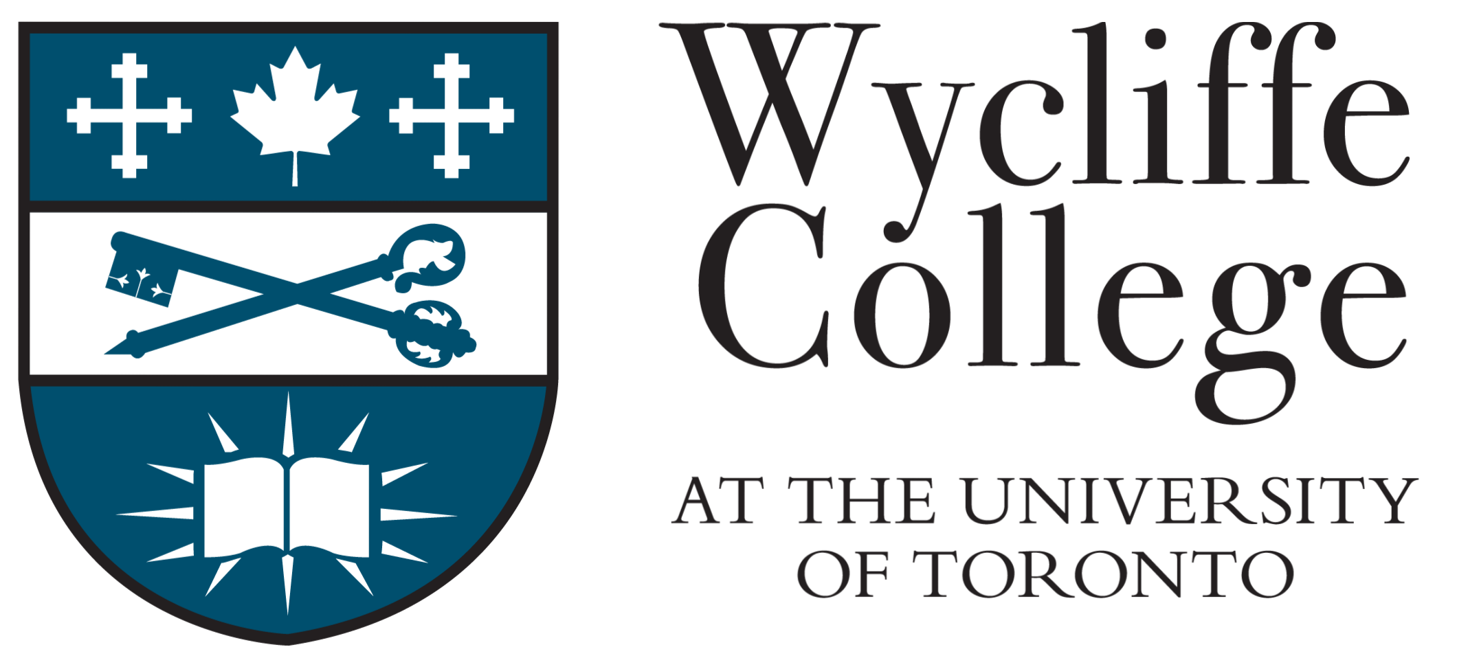 Wycliffe College shield with a white maple leaf, two crosses, crossed keys, and an open book, next to the text 'Wycliffe College at the University of Toronto'.