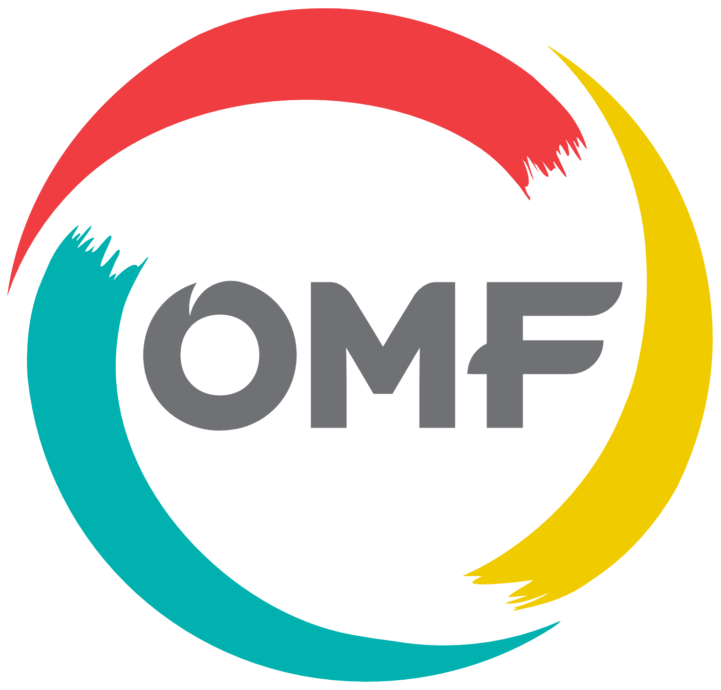 OMF logo with stylized gray letters and three brushstroke arcs in red, yellow, and teal encircling the letters.
