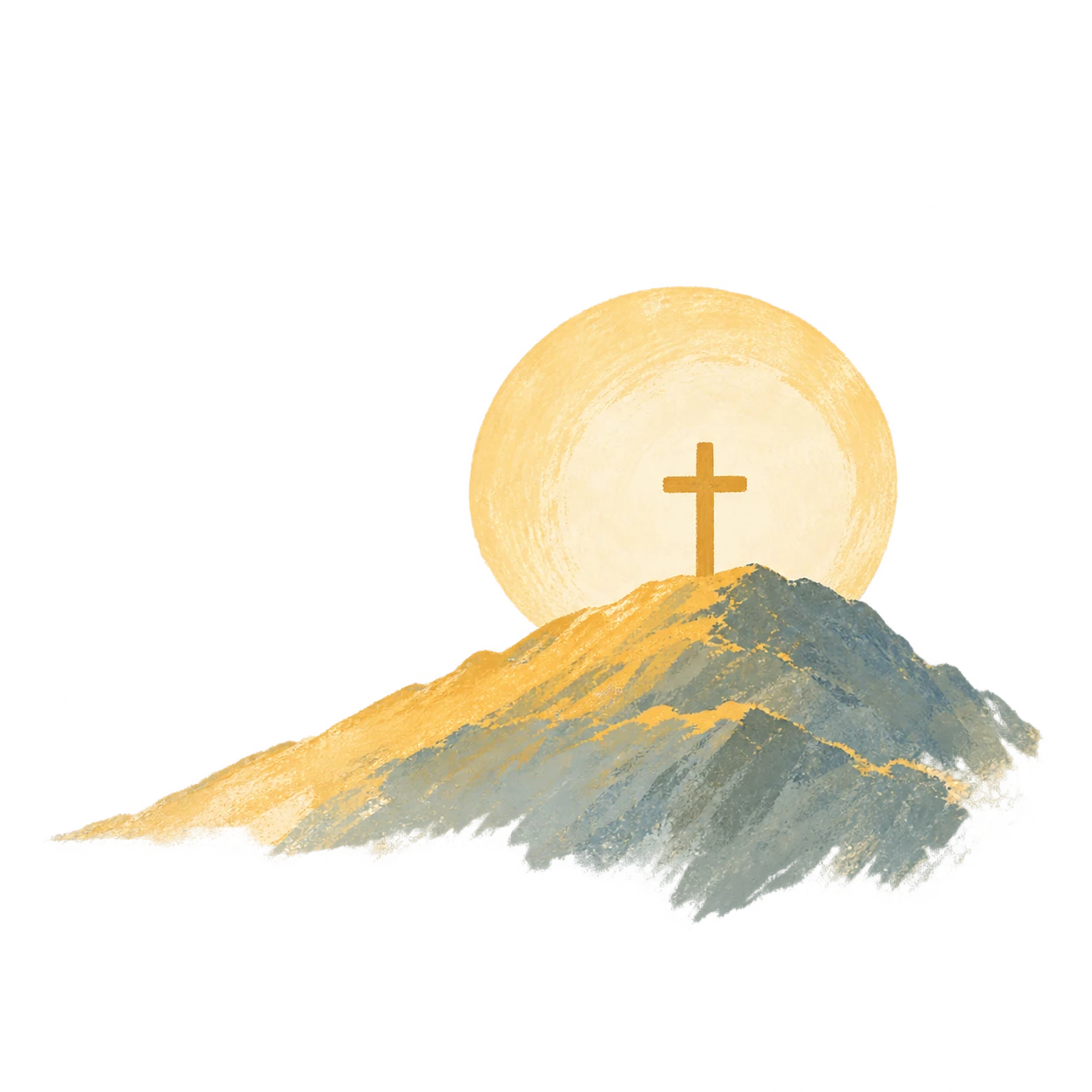 Watercolour illustration of a golden cross on a mountain peak with the sun glowing behind it