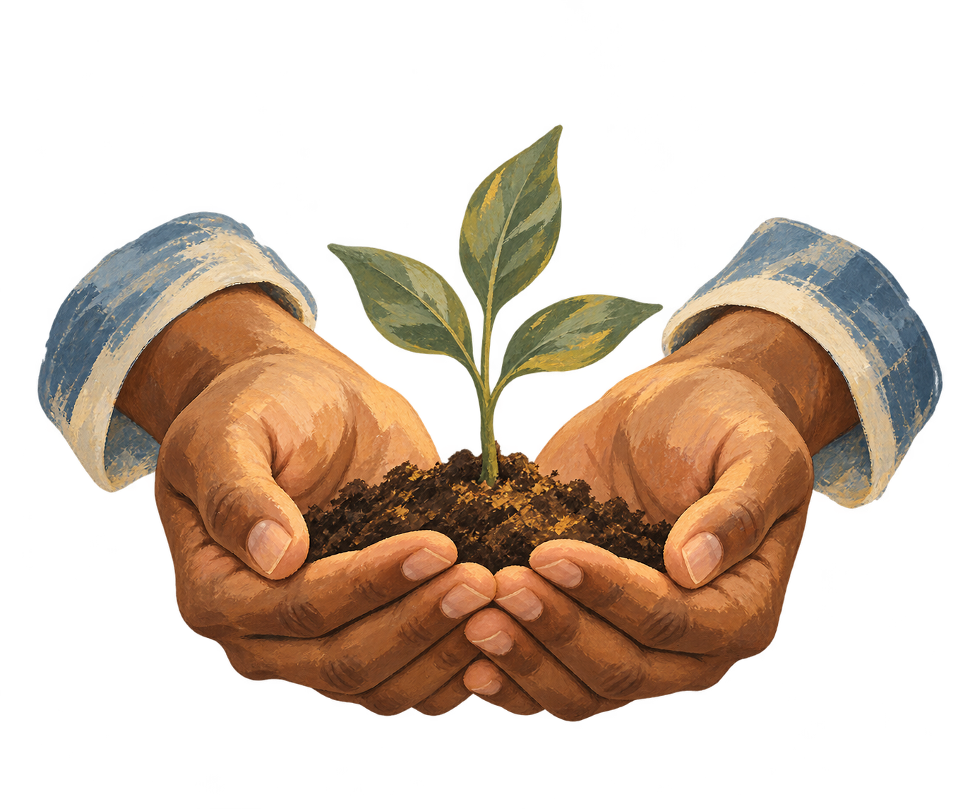 Illustration of cupped hands holding soil with a young green seedling