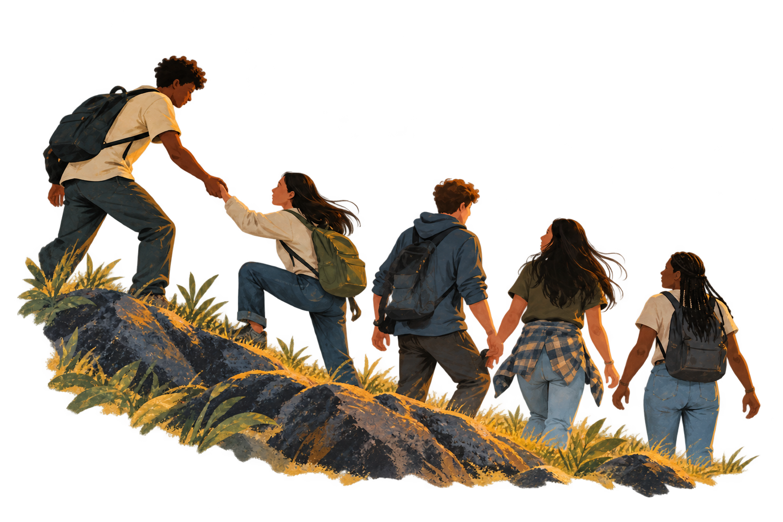 Illustration of five young people climbing a rocky ridge together, the leader reaching back to help the next one up