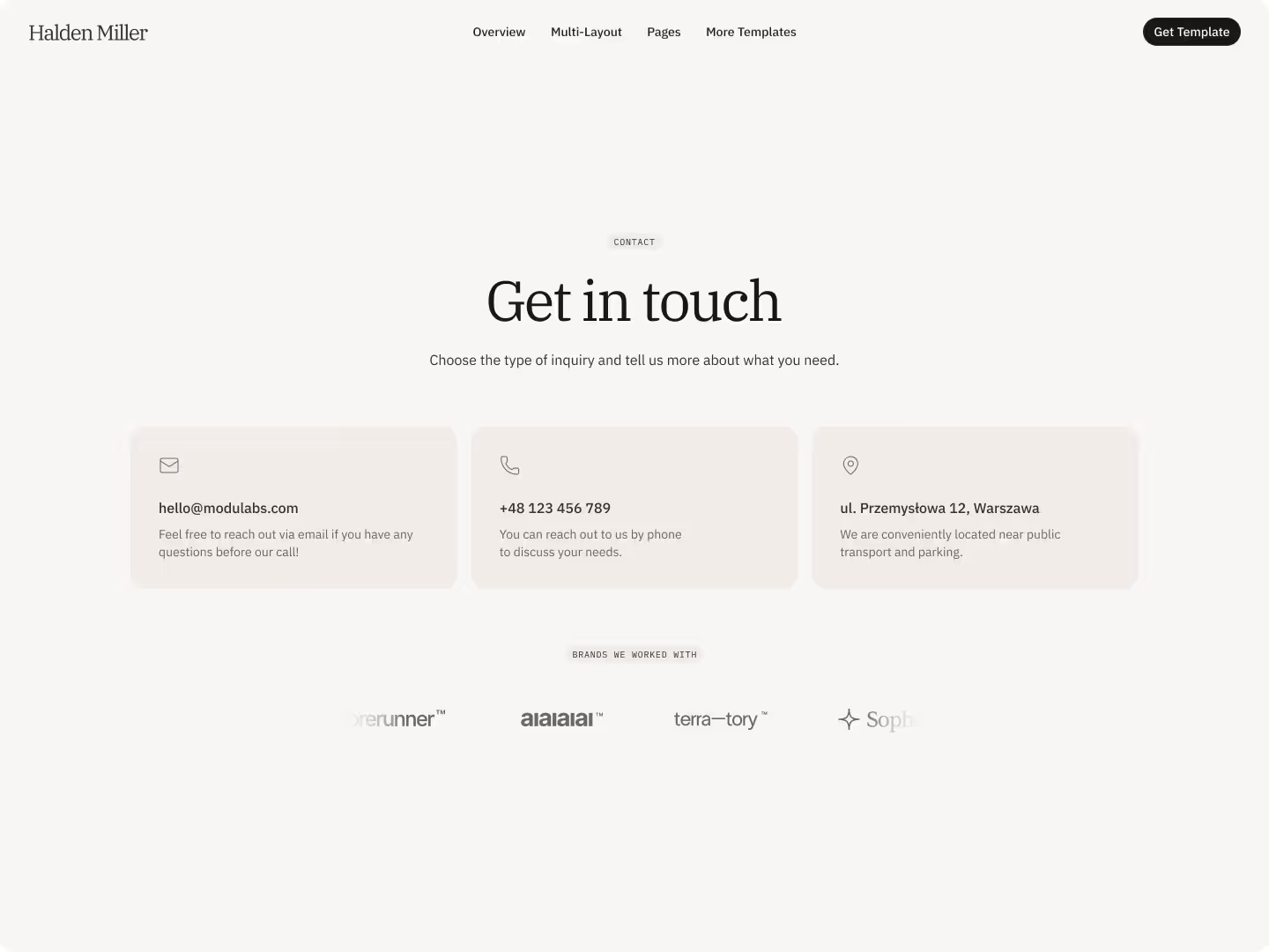 Contact page layout in light theme with headline, form fields, and footer links.
