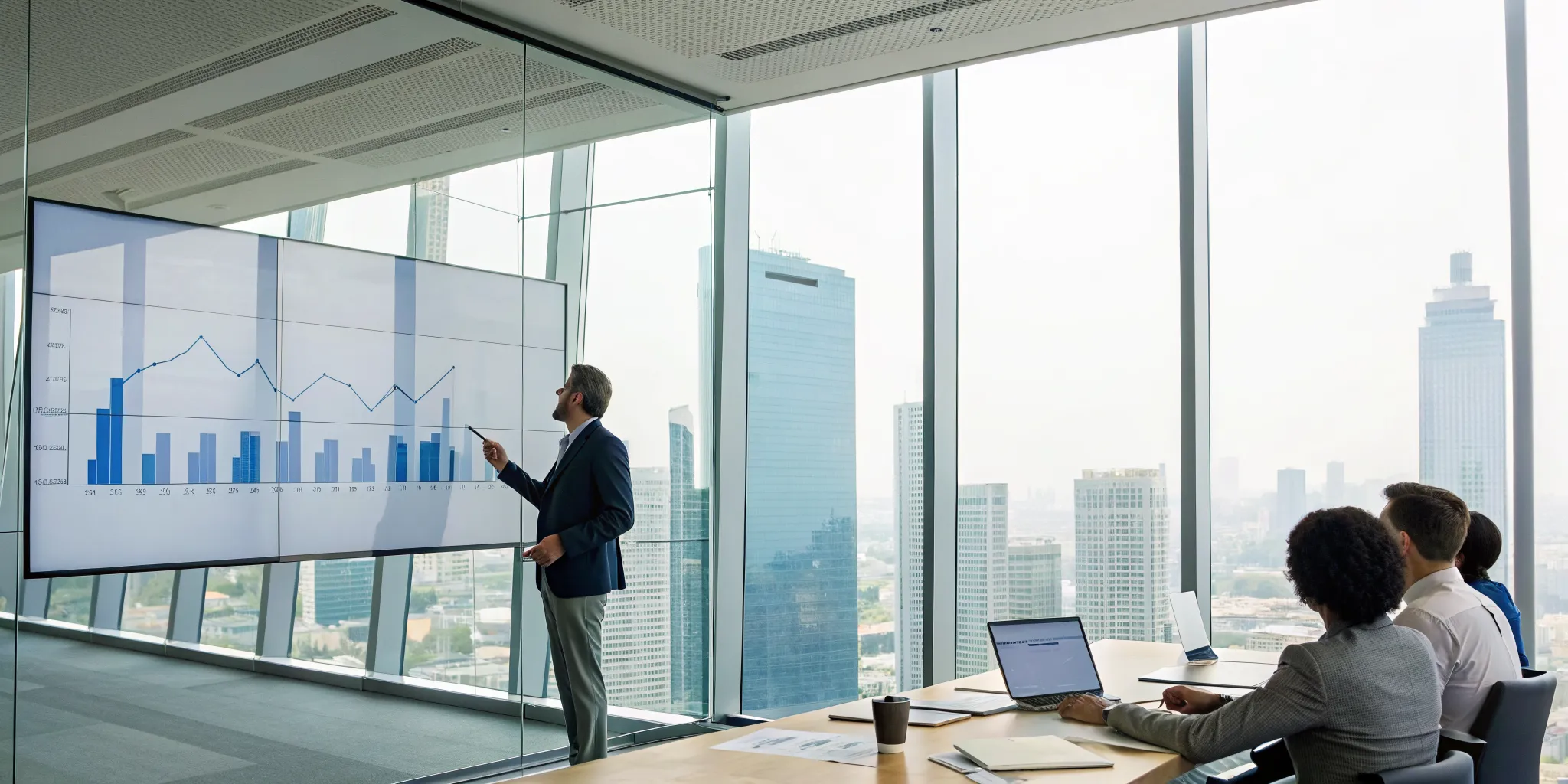 Sales forecasting training for beginners with a team analyzing charts on a screen.