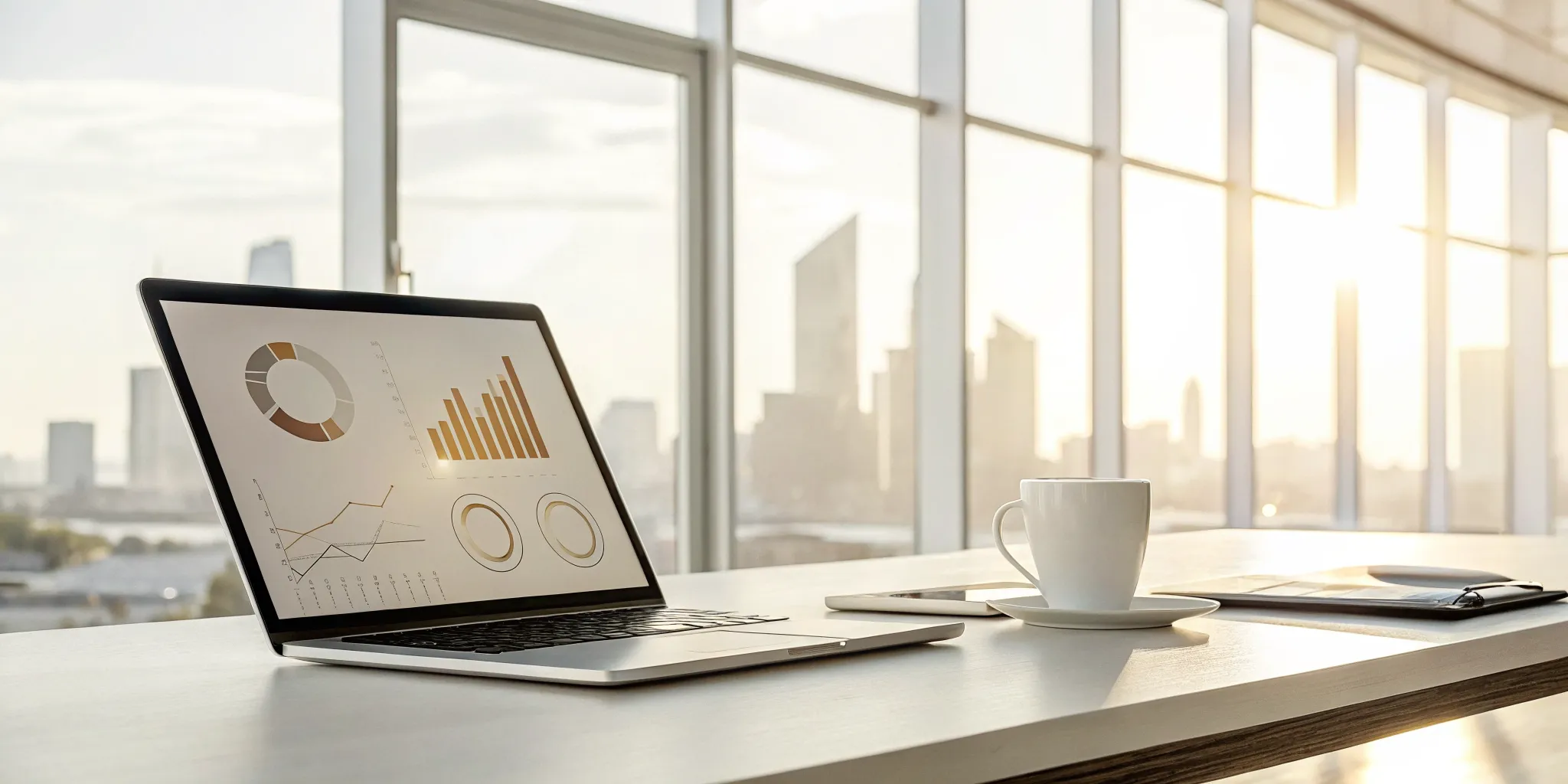 Laptop displaying a sales training download with charts and graphs on practical sales techniques.