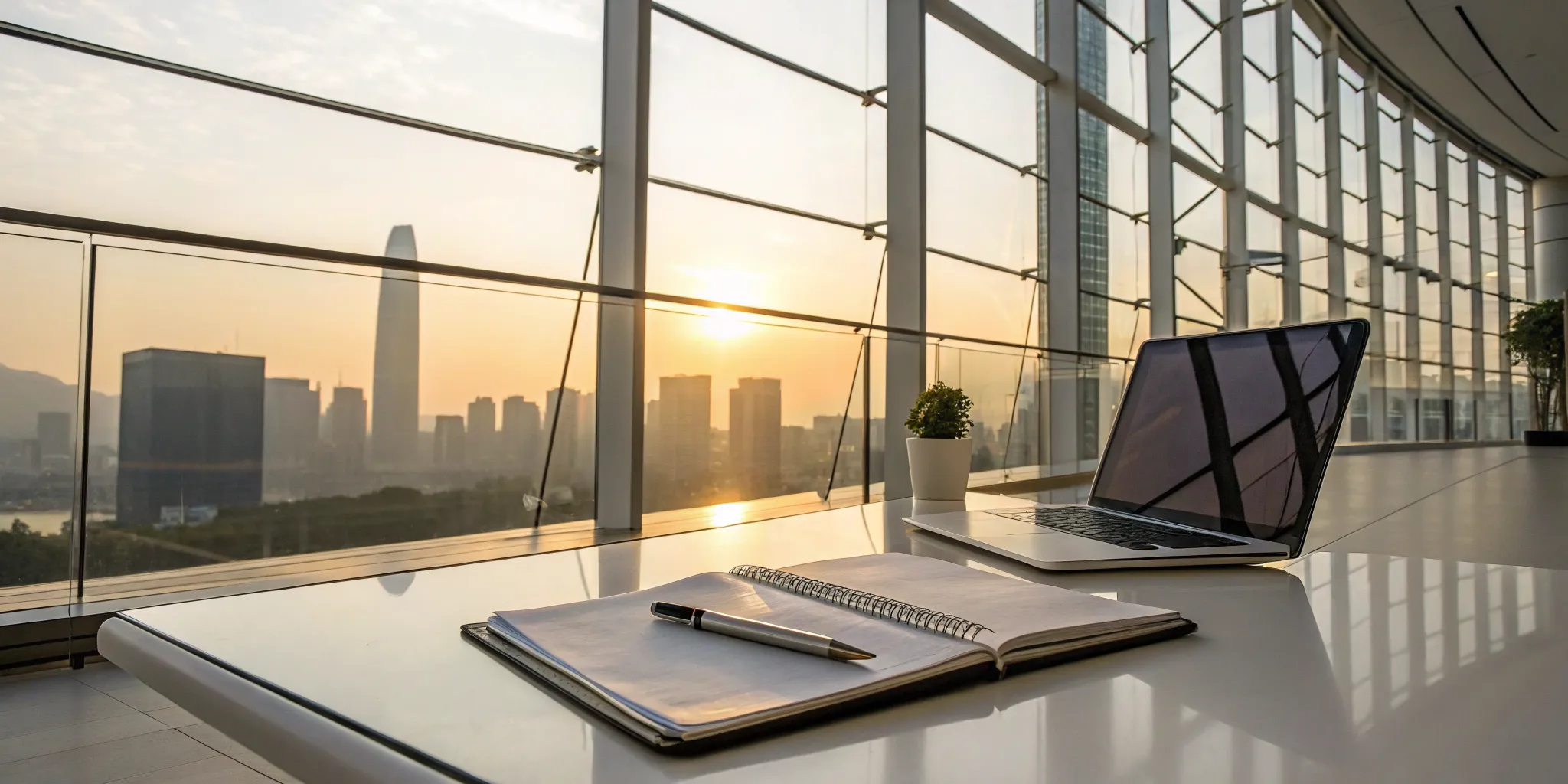 A desk with a laptop and notebook for planning sales playbook development services.