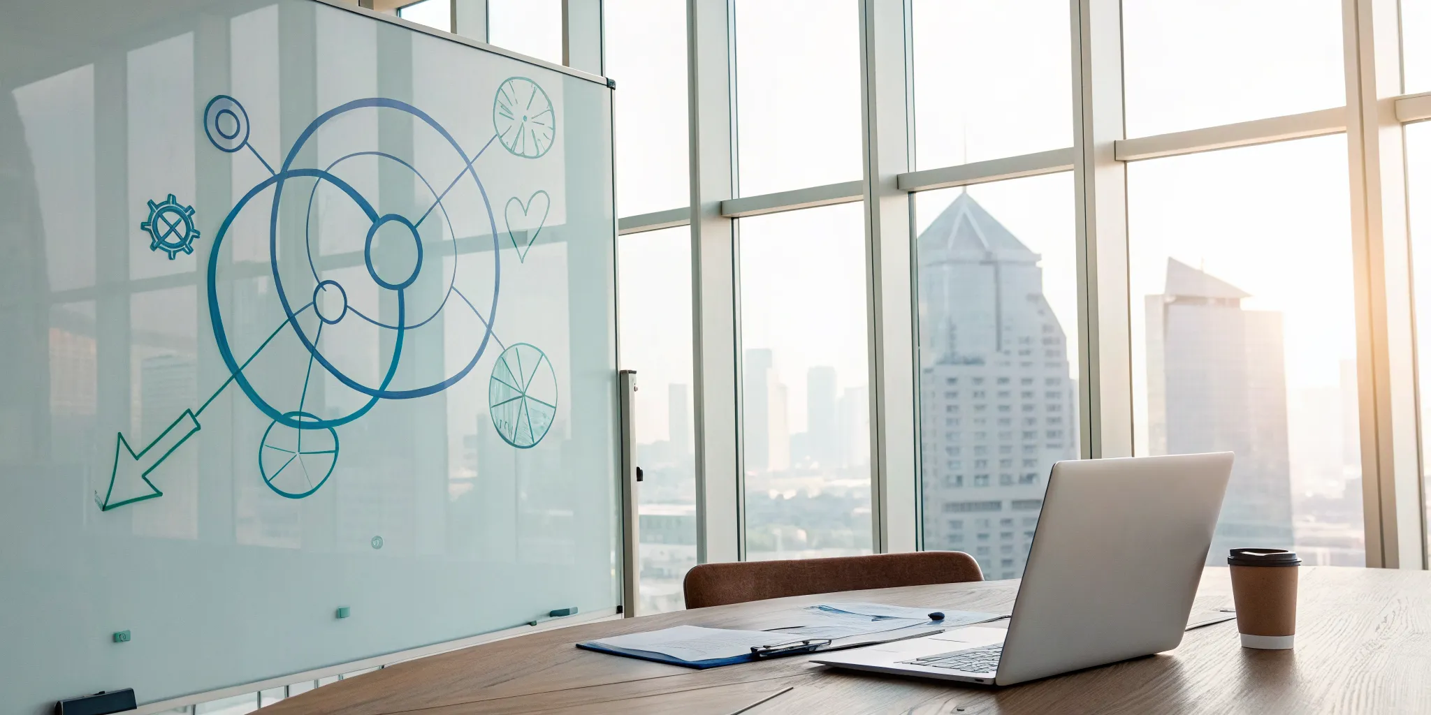 A value proposition statement framework diagrammed on an office whiteboard.