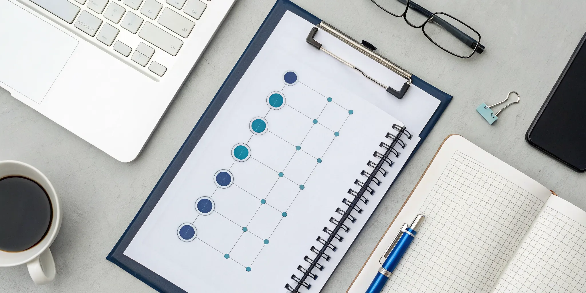 Sales performance improvement plan template on a clipboard next to a laptop.