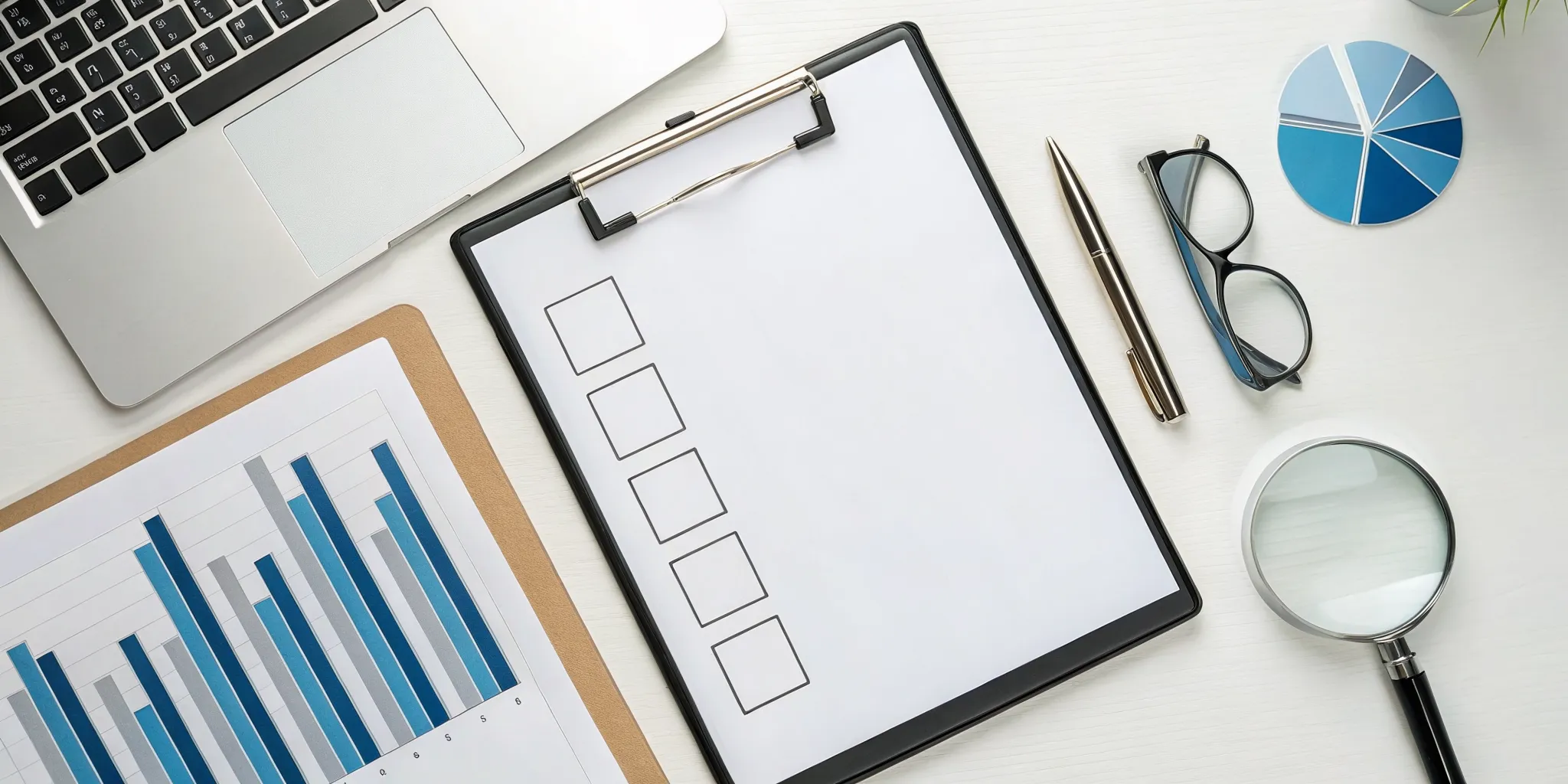 Sales audit procedures checklist on a clipboard with performance charts and a laptop.