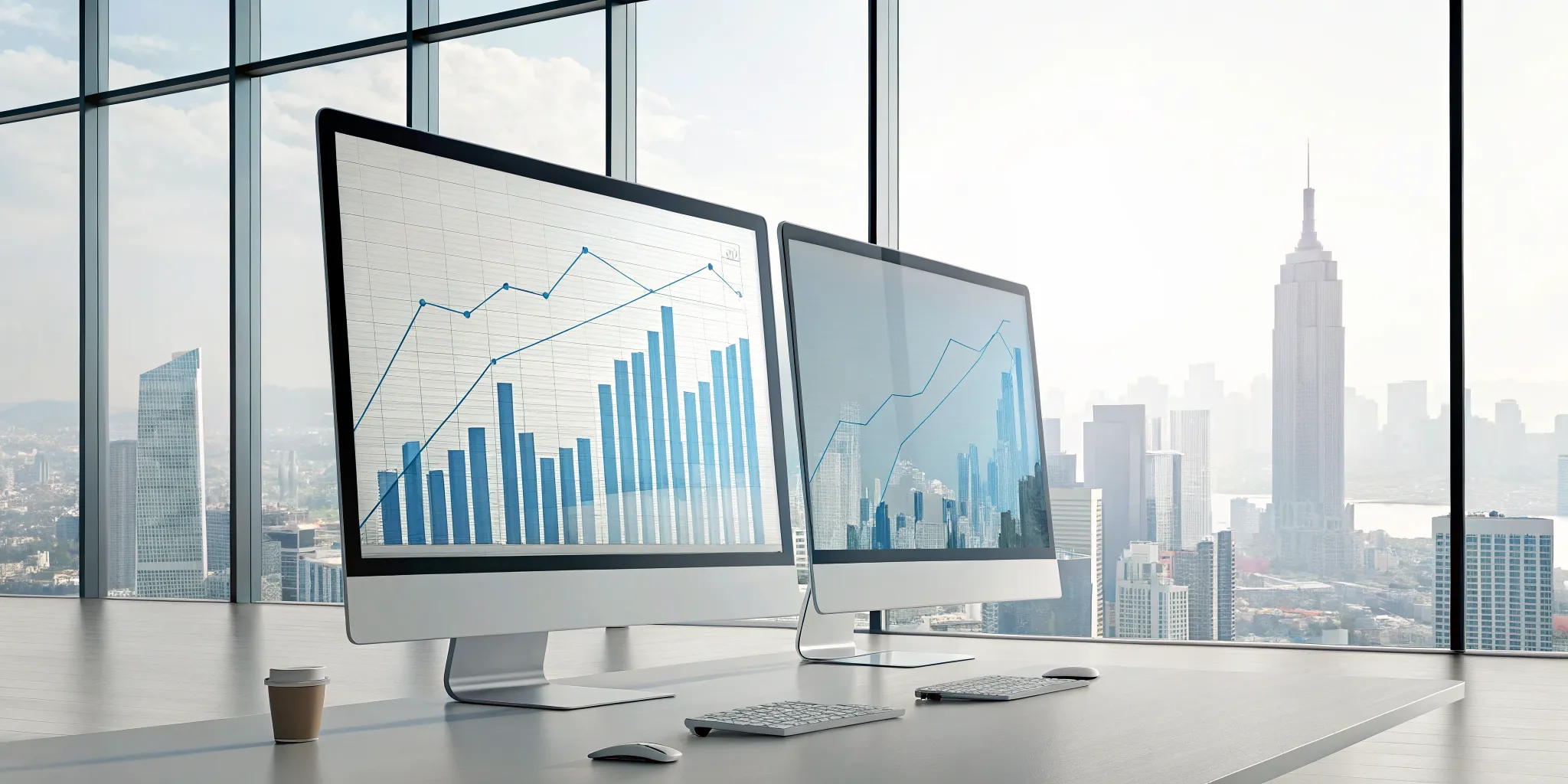 Dual computer monitors displaying financial graphs comparing the difference between sales and revenue.