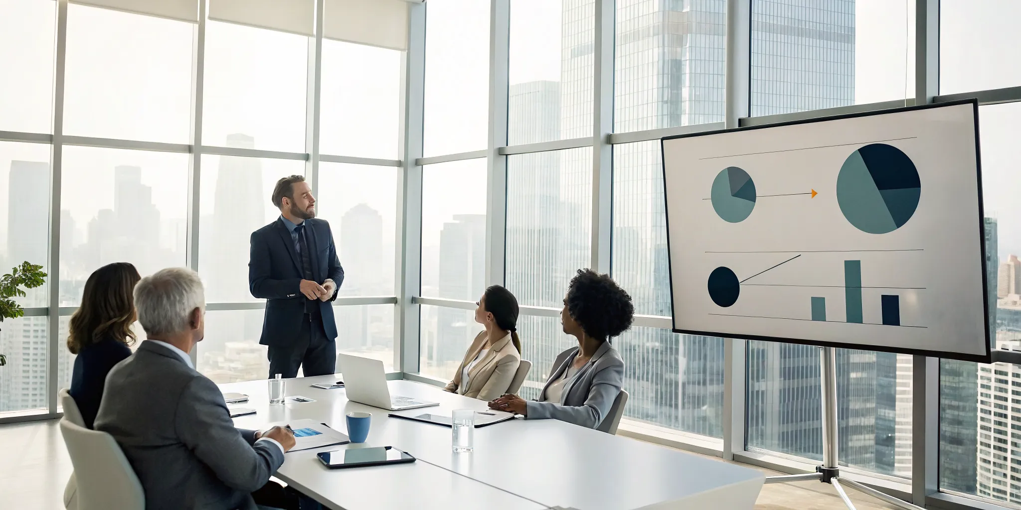 A business team engaged in a management training session with a presentation on screen.