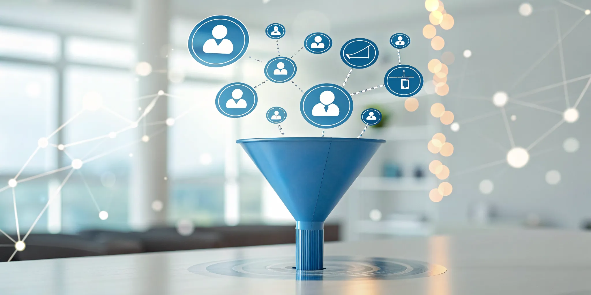 A sales funnel with icons of people showing the customer journey through the inbound sales process.