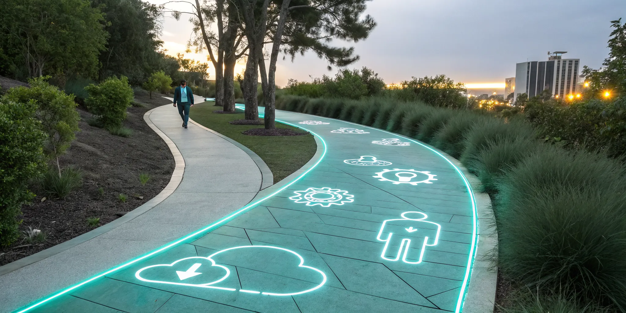 A person follows a path with icons outlining the steps of the customer onboarding process.