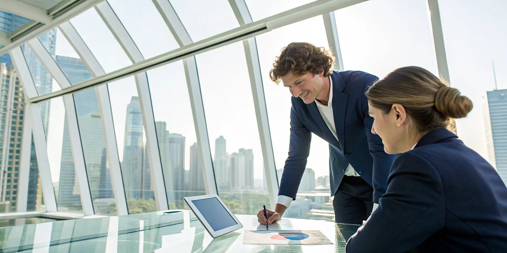 A sales consultant defining a strategy during a personal selling meeting.