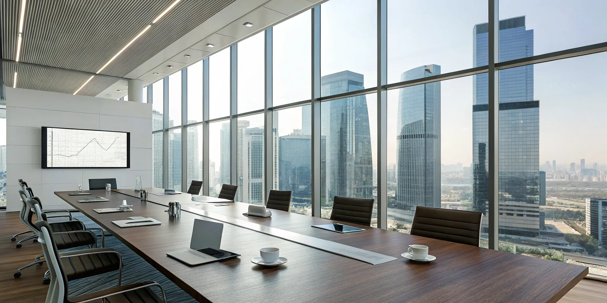 A modern meeting room ready for a B2B sales strategy presentation overlooking a city skyline.