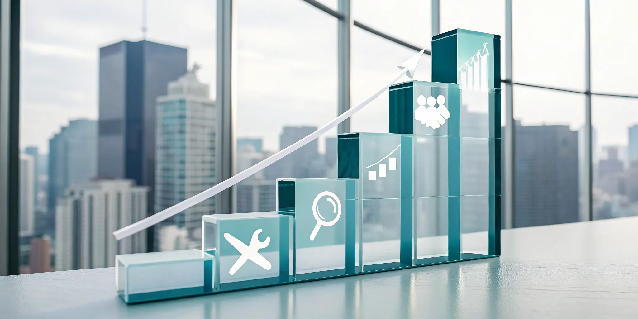 Bar chart with an upward arrow showing how sales techniques accelerate revenue growth.