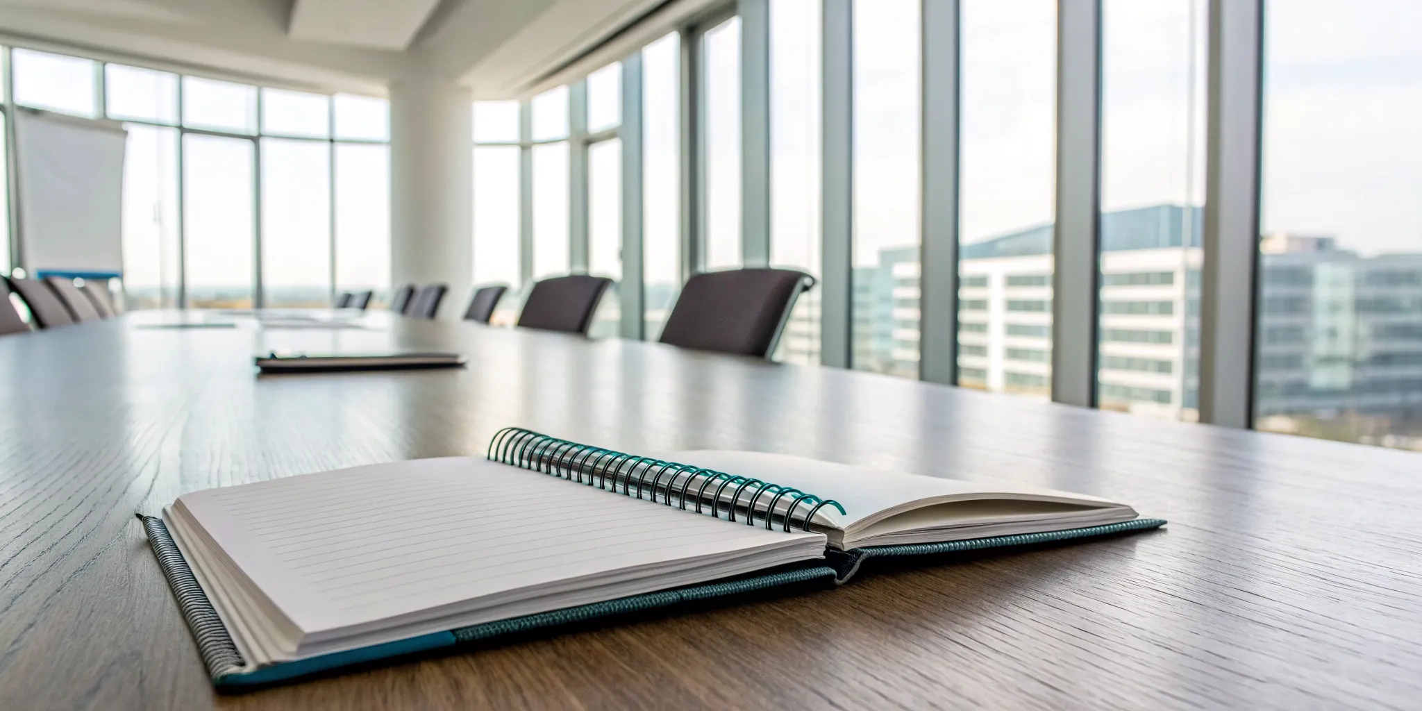 A sales playbook open on a conference table for a strategy planning session.