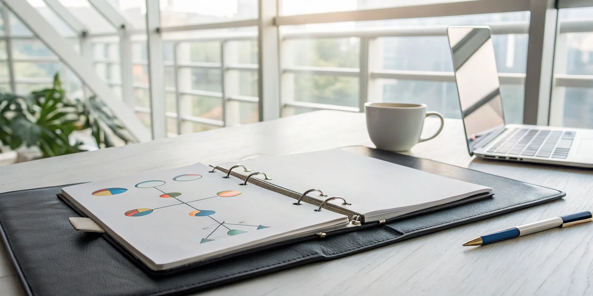 A sales playbook binder open on a desk, showing charts and steps for the sales process.
