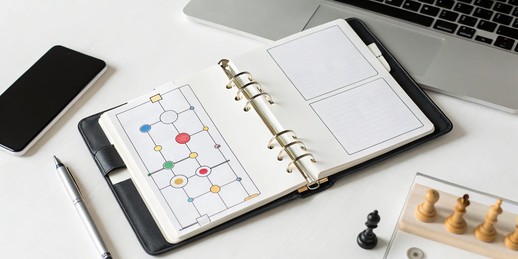 An open sales playbook on a desk with a laptop and chess pieces for sales strategy.