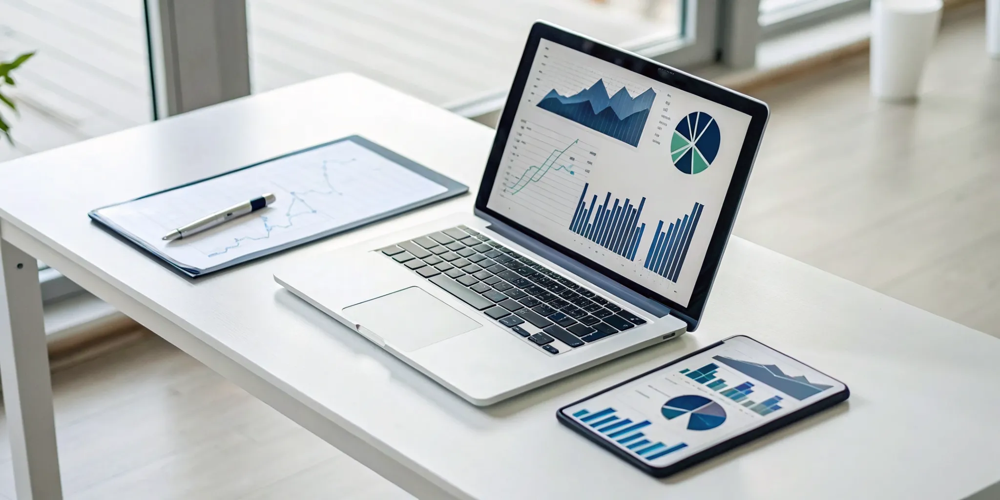 Market research tools and data charts displayed on a laptop and tablet.