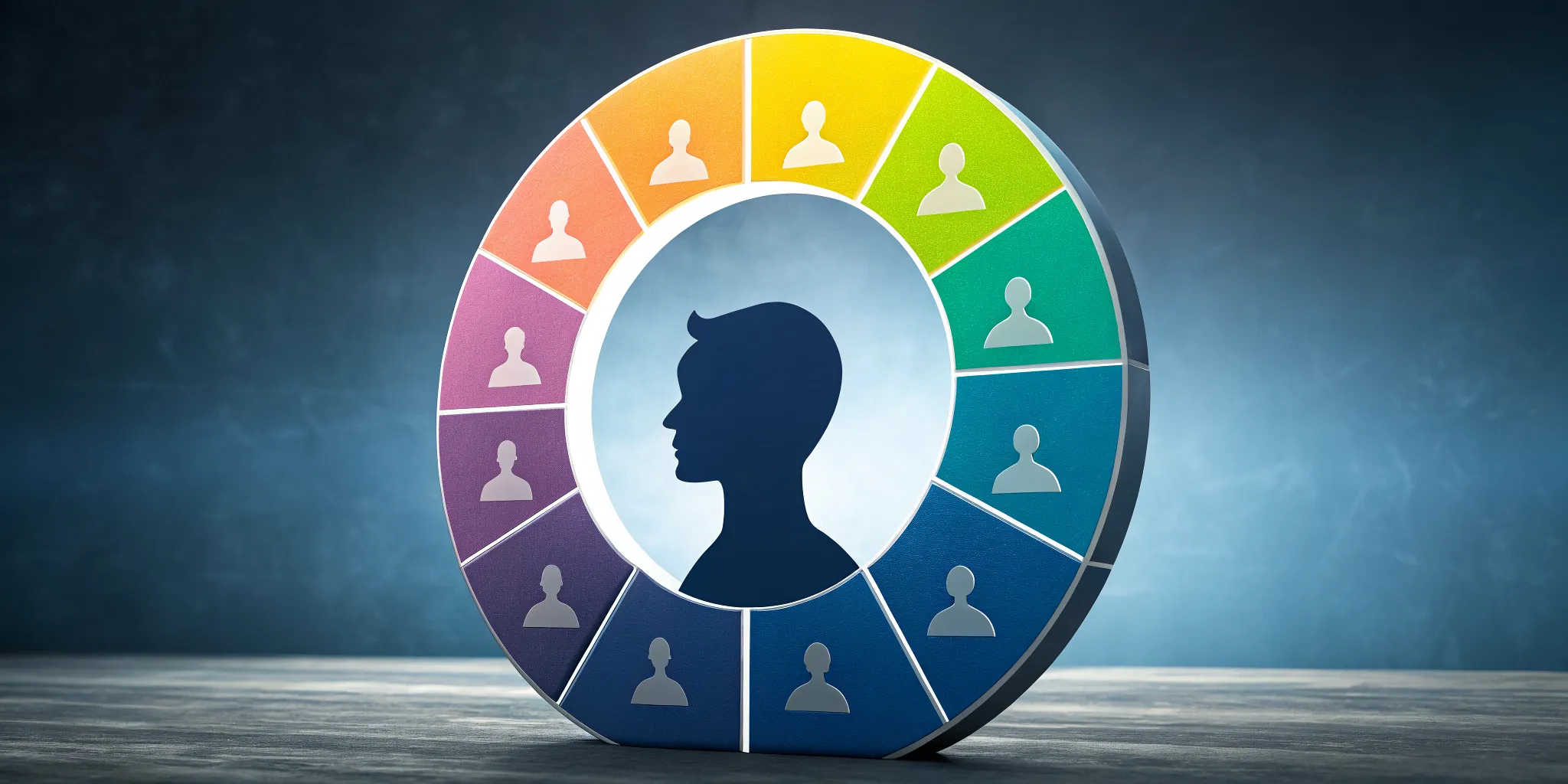 Psychographic market segmentation wheel with colorful sections and human silhouettes.