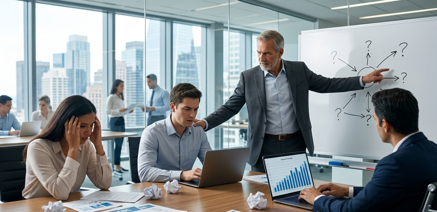 This high-stakes corporate boardroom scene captures the frustration of a failed MEDDIC framework adoption.