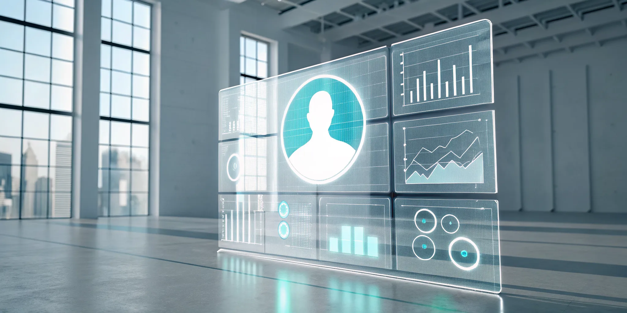 Digital dashboard with an icon and analytics charts defining the ideal customer profile.