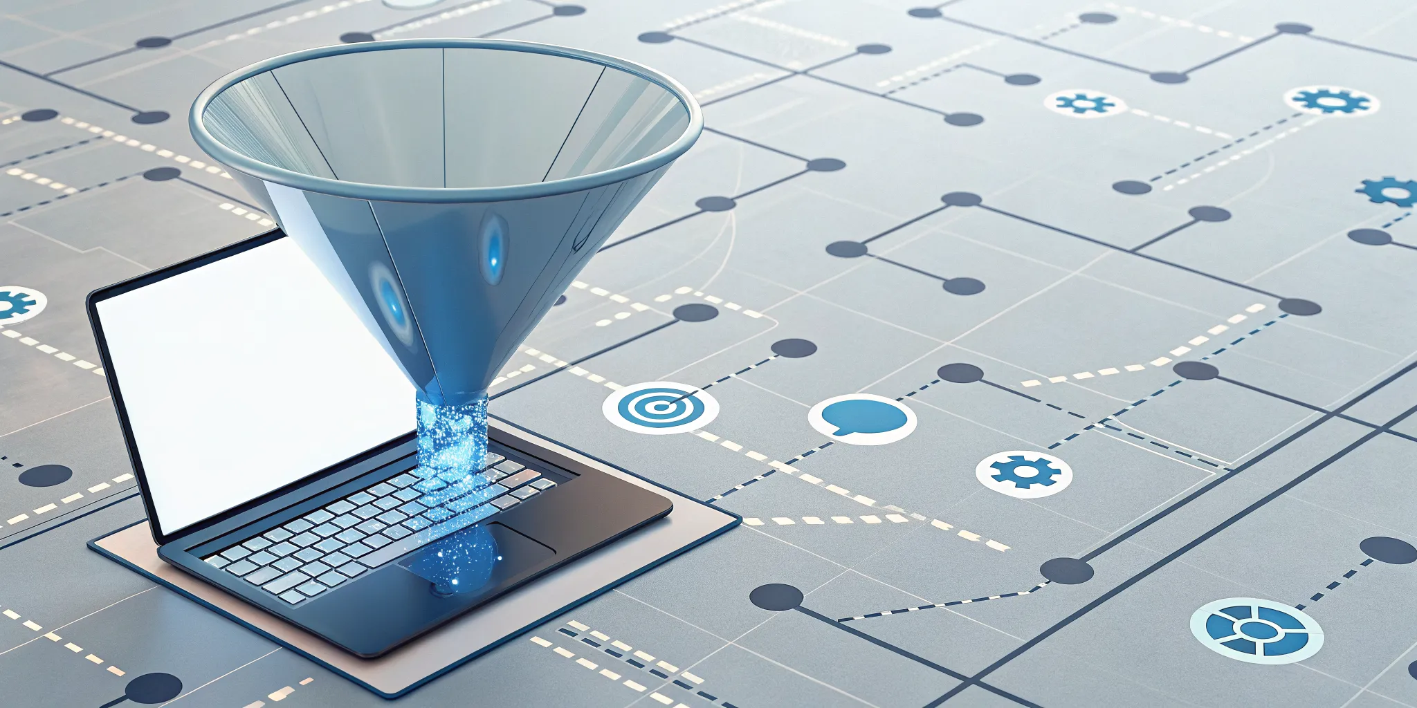 A laptop displaying a digital funnel for B2B lead generation tools.